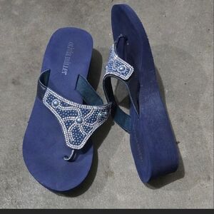 Olivia Miller Navy Jeweled Wedge Thong Sandals